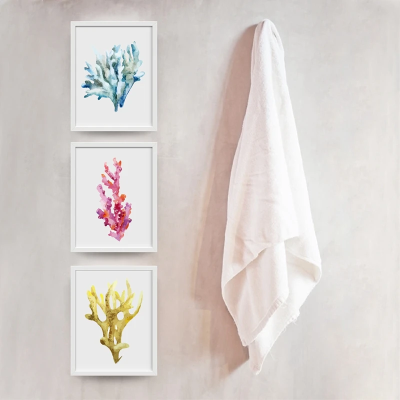 Corals Art Prints Wall Pictures Home Decor, Watercolor Cora Prints Wall Art Hanging Bathroom Canvas Prints Nautical Decoration