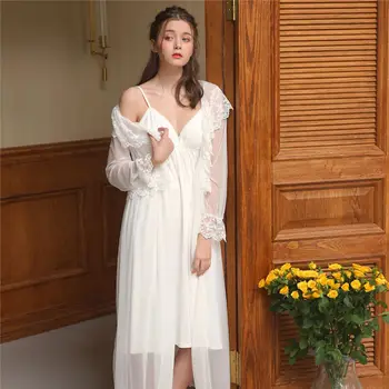 

Two 2 Pieces Sleepwear Women Night Wear Home Robe Gown Set Transparent Silk Robe Kimono Negligee Lace Nightie Peignoir Sets T418