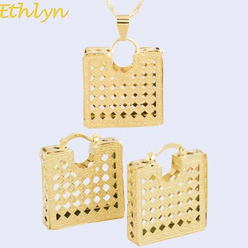 

Ethlyn Nigerian Gold Color Fashion Earrings Pendant Jewelry Set Women Square Lock For Party Gift Statement Jewelry S148