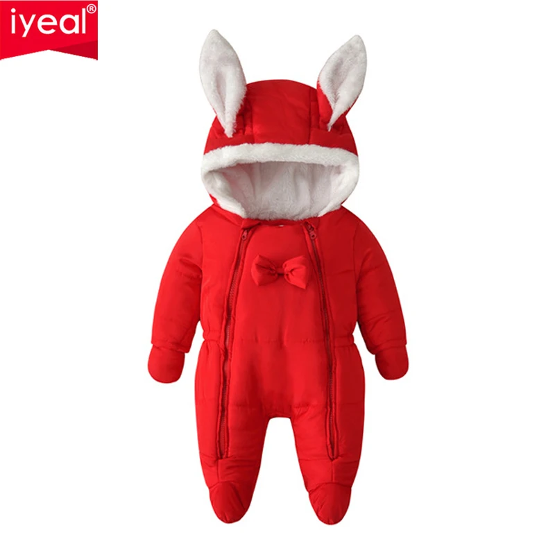 

IYEAL Newborn Baby Girl Rompers Winter Warm Kid Toddler Girls Infant Clothing Cute Ears Hooded Children Jumpsuit Kids Outwear