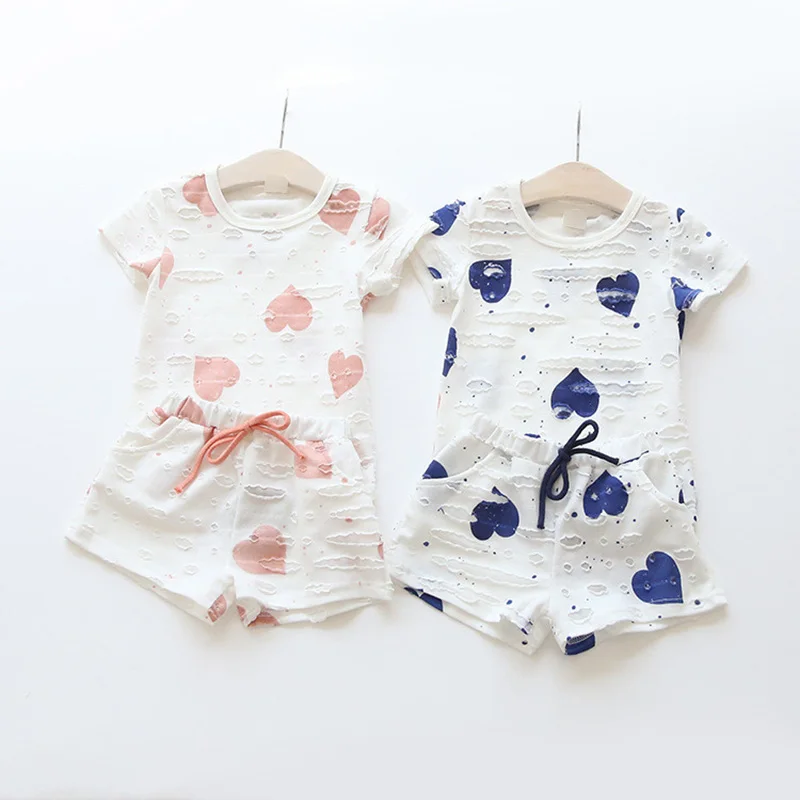 

2pcs/sets,Casual Kids Clothing Baby Girls Clothes Sets Summer Heart Printed Girl Tops Shirts + Shorts Suits Children's Clothing