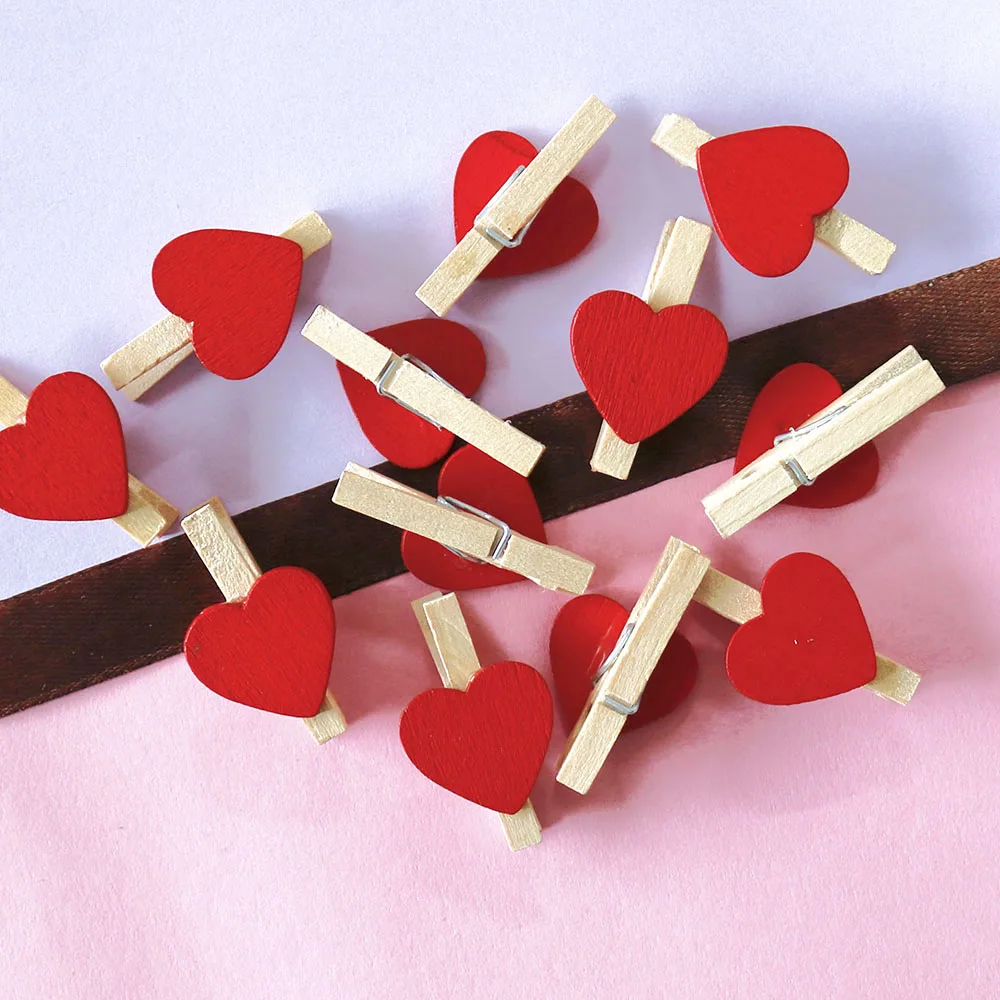 

50pcs Red Heart Shaped Mini Natural Wooden Clips For Photo Clips Clothespin Craft Decoration Clips Pegs