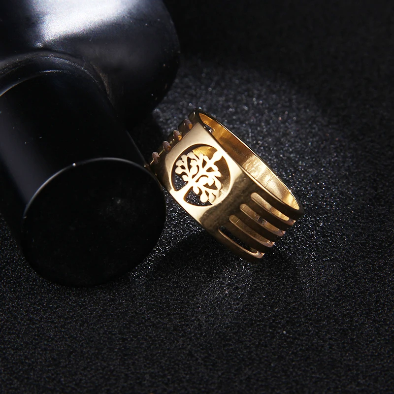 CACANA HIP Punk Gold Silver Color 316L Stainless Steel Personalized Custom Wisdom Tree Rings For Men Jewelry FULL Size 7-11