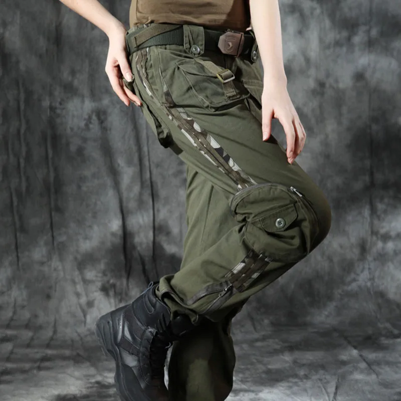 Женские армейские брюки-карго с несколькими карманами в стиле милитари, женские камуфляжные тактические брюки на молнии, армейские зеленые брюки