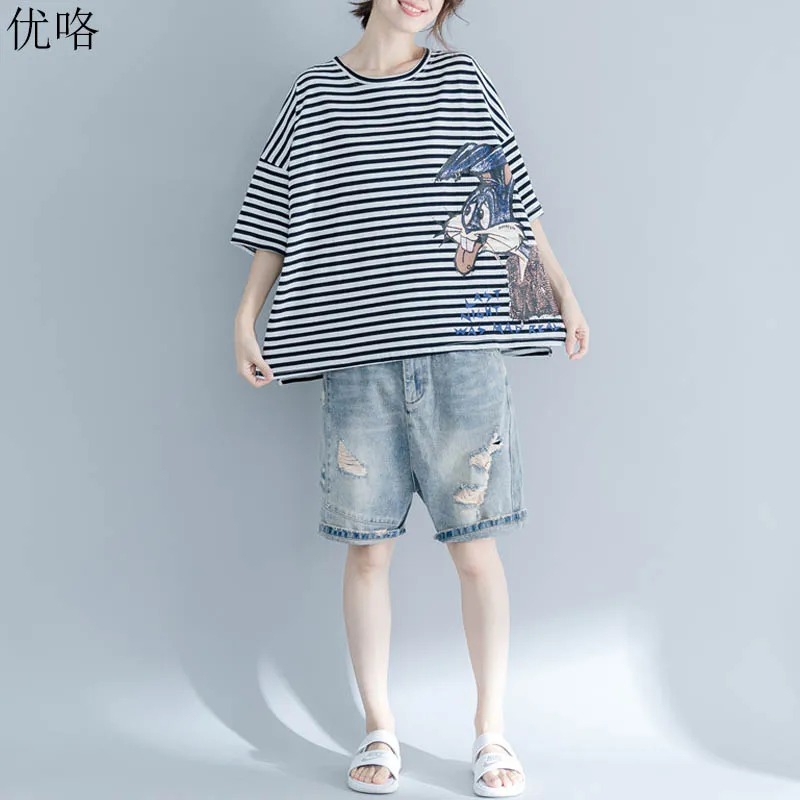 

Plus Size Summer Cartoon Print Cotton T-Shirt Women Kawaii Linen Striped Tops Tees Female Loose Batwing Tshirt 5XL Harajuku 2019