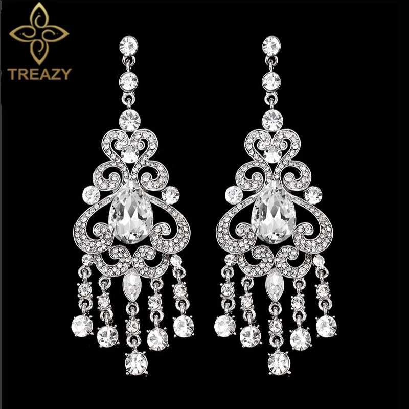 

TREAZY Chandelier Dangle Earrings for Women Big Statement Earrings Silver Color Crystal Bridal Long Earrings Wedding Jewelry