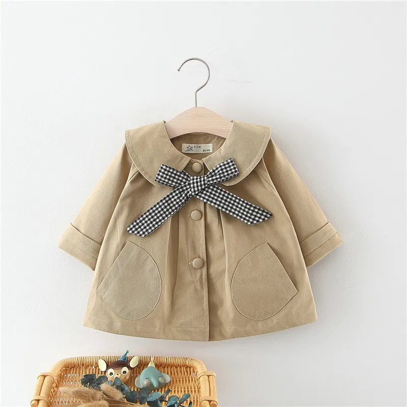 Girls spring solid color plaid bow tie trench baby kids fashion turn-down collar coats kids long sleeve jackets clothes - Цвет: Хаки