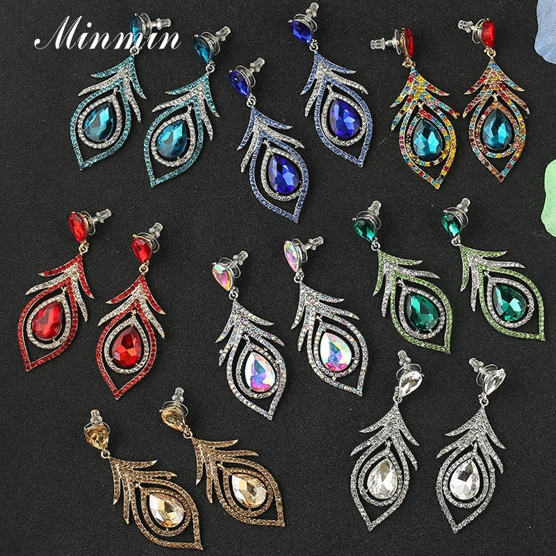 

Minmin Luxury Colorful Feather Crystal Drop Earrings for Women Statement Teardrop Pendant Hanging Earring Fashion Jewelry EH1573