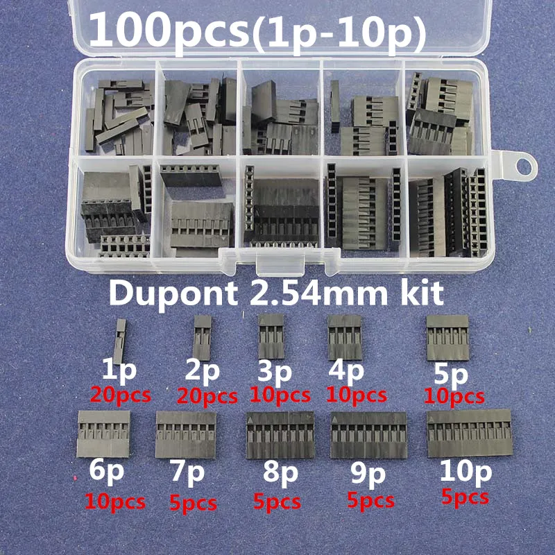 100 шт набор Dupont с коробкой 1 P/2 P/3 P/4 P/5 P/6 P/7 P/8 P/9 P/10 Pin Корпус пластиковая оболочка Клеммная перемычка соединитель