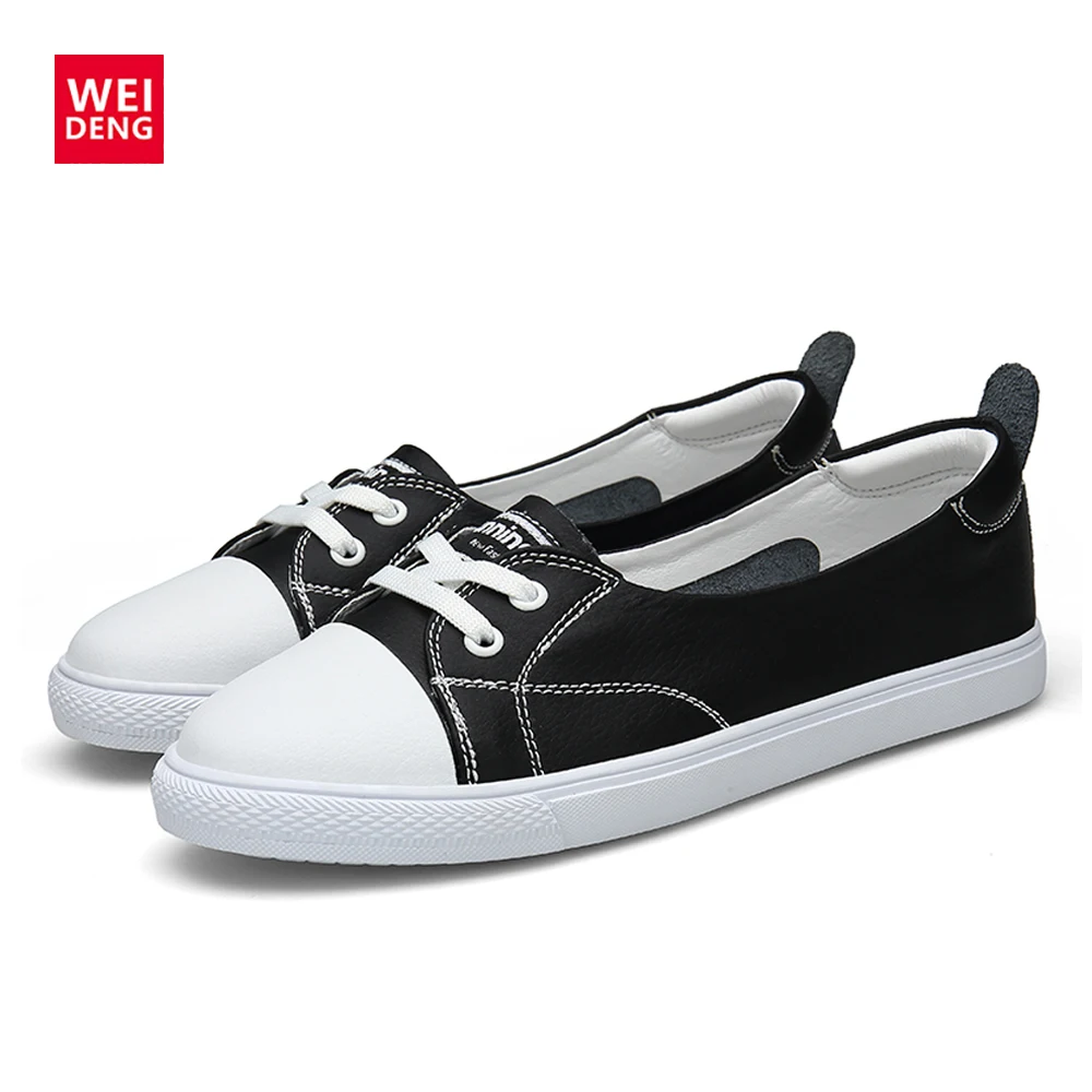 

WeiDeng 2018 Autumn Women Solid White Casual Ballerina Flats Shoes Women Genuine Leather Moccasins Slip On Loafers Boat Shoes