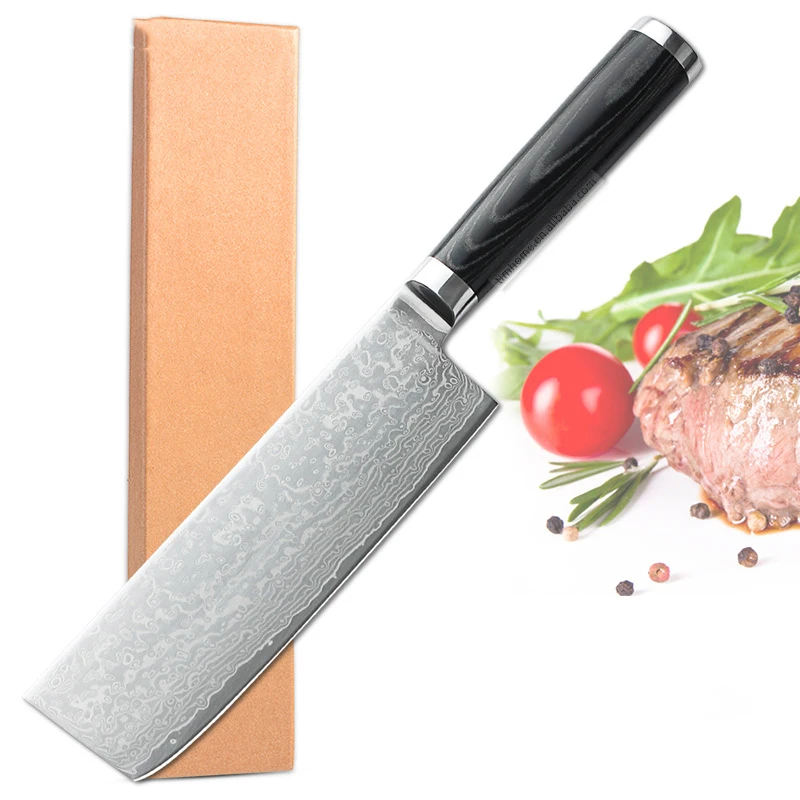 

7 inch Japanese Stainless Steel Kitchen Knife Chopping Knife Nakiri Damascus Veins Pattern Meat Cleaver Cooking Tools
