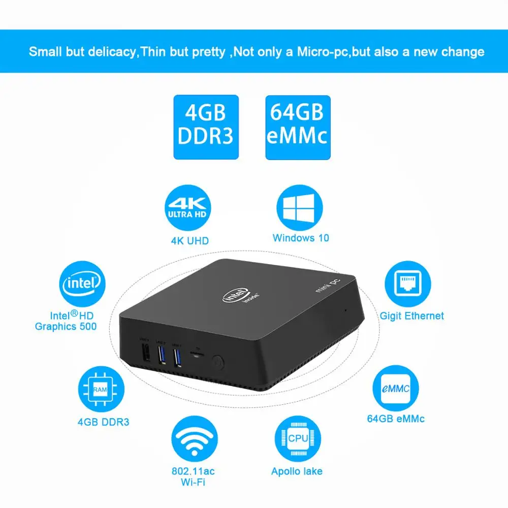Мини ПК AK5 Intel Apoll Lake J3455 Win10 4 Гб ОЗУ 64 ПЗУ 2 * USB 3 0 Wi Fi ГБ/телефон BT HDMI двойной