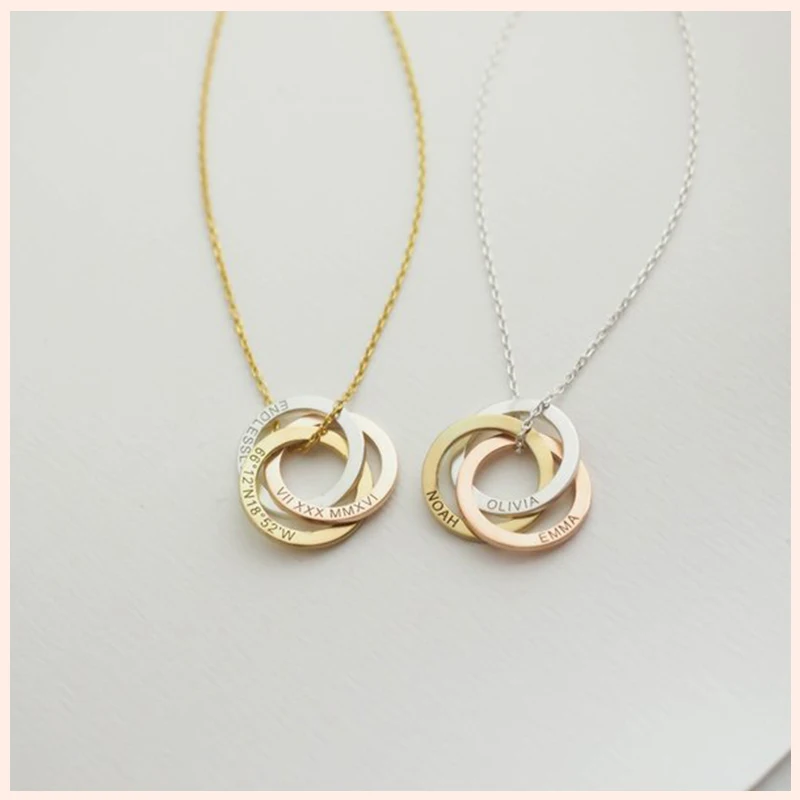 

StrollGirl 925 Sterling Silver Pendant Necklace Personalized Customized Words&Date 3 circle clasped Necklace Jewelry for Women .