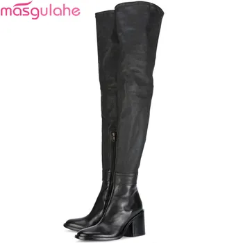 

Masgulahe 2019 hot sale new over the knee boots women round toe zip pu+cow leather boots high heels autumn winter boots women