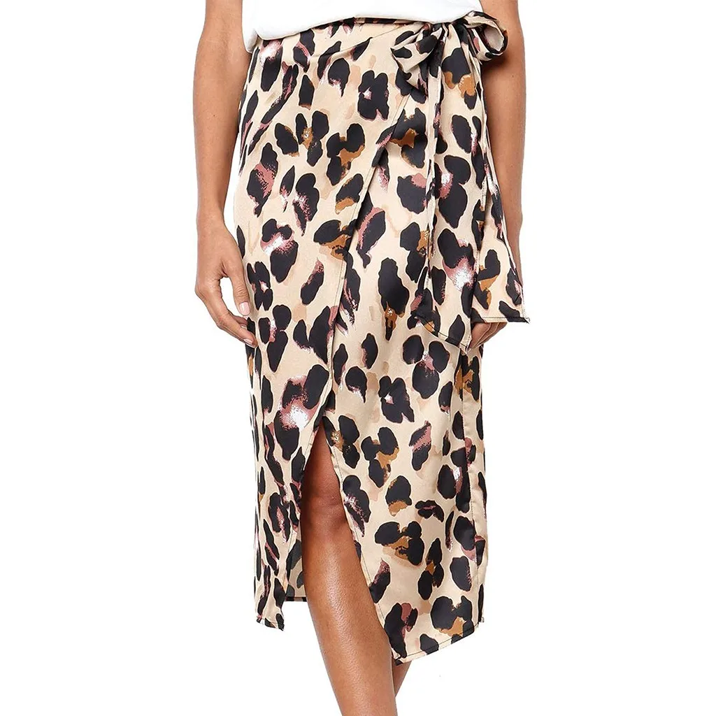 Винтажная юбка с леопардовым принтом и разрезом; Женская Повседневная плиссированная юбка со шнуровкой и высокой талией