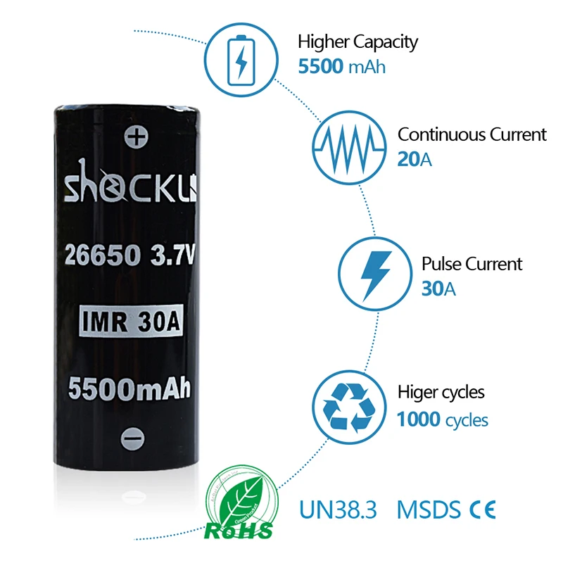 Shockli 26650 аккумулятор 5500mAh 3,7 V литий-ионная аккумуляторная батарея 30A 26650 литиевая батарея для высокомощного фонарика Emisar D4s