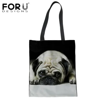 

FORUDESIGNS Canvas Women Tote Handbags Pug Dog 3D Print Large Capacity Shoulder Bags for Teenager Girls Summer Beach Bag Recycle