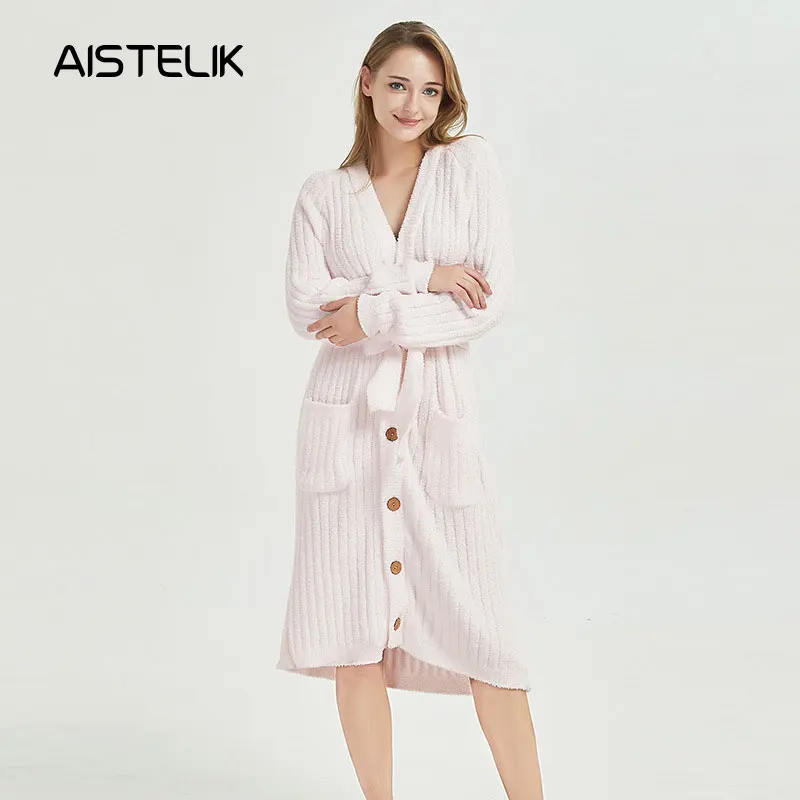 

New autumn and winter ladies pajamas creative design button knit pajamas belts home service long warm nightdress pajamas