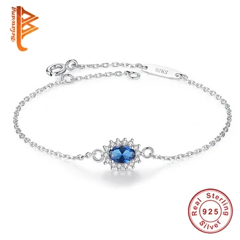 

BELAWANG Luxury Blue Crystal Bracelet For Women Wedding 925 Sterling Silver Bracelet Rhinestone Charm Bracelet Bangles Jewelry
