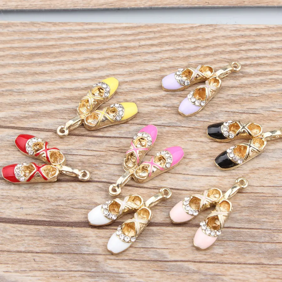 

10PCS/Lot 17*27MM Dancing Girls Ballet Shoes Pendant Charm Gold Color Tone Enamel Charm With Rhinestone Fit Bracelet Keychain