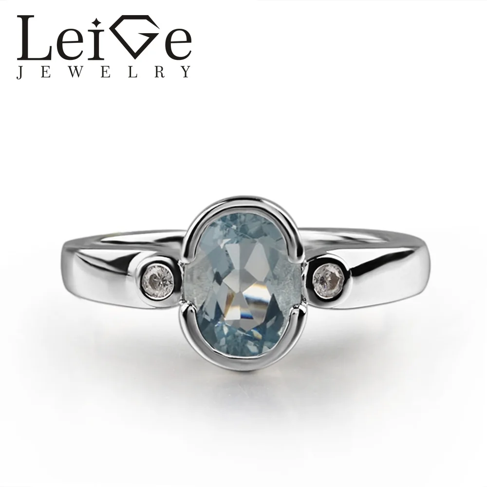 925 Silver Real Aquamarine Ring Oval Cut Bezel Setting Romantic Promise Wedding Rings for Women