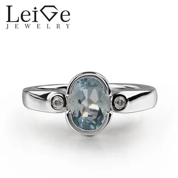 

925 Silver Real Aquamarine Ring Oval Cut Bezel Setting Romantic Promise Wedding Rings for Women March Birthstone