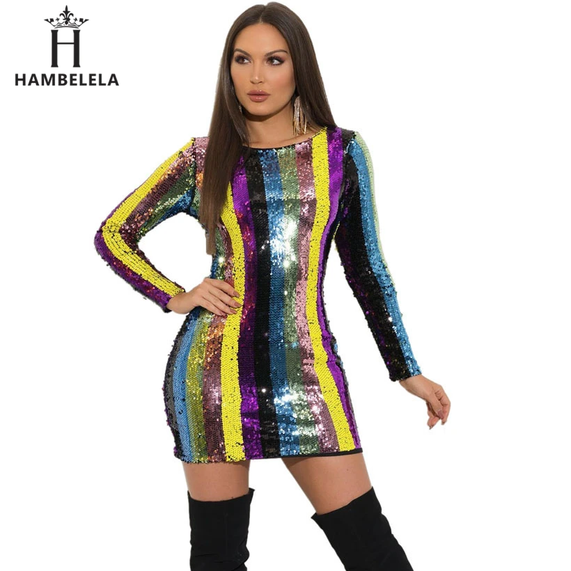 HAMBELELA 2019 Spring Women Sexy Dresses Sequined Striped Bandage Dress Fashion Casual Bodycon Party Club Mini Dress Vestidos (3)