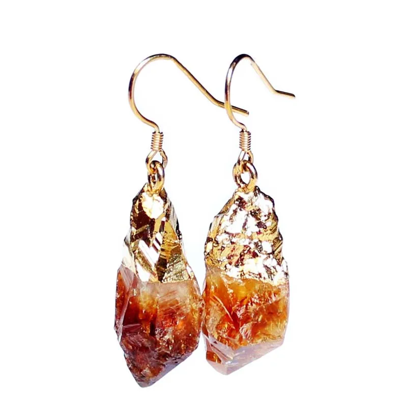 

New yellow crystal natural stone earrings raw Purple stone gold-color crystal drop earrings boho oorbellen for women