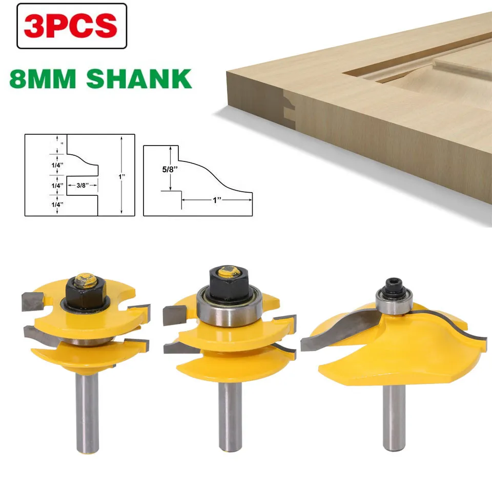 

3pcs 8mm Shank Raised Panel Cabinet Door Router Bit Set Woodworking Cutter Woodworking Router Bits Carbide Bit Door Knife