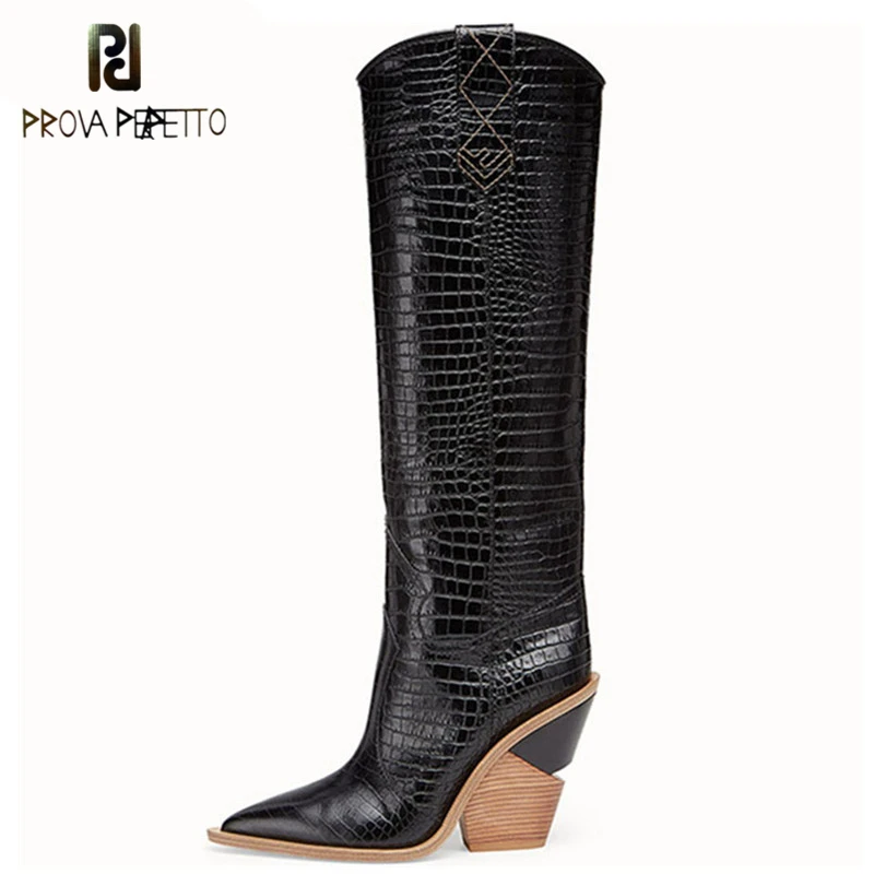 

Sexy Embossed Runway T Show Knee High Boots Pointed Toe Women Wedges Strange High Heel Knight Boots Western Plaid Long Boots