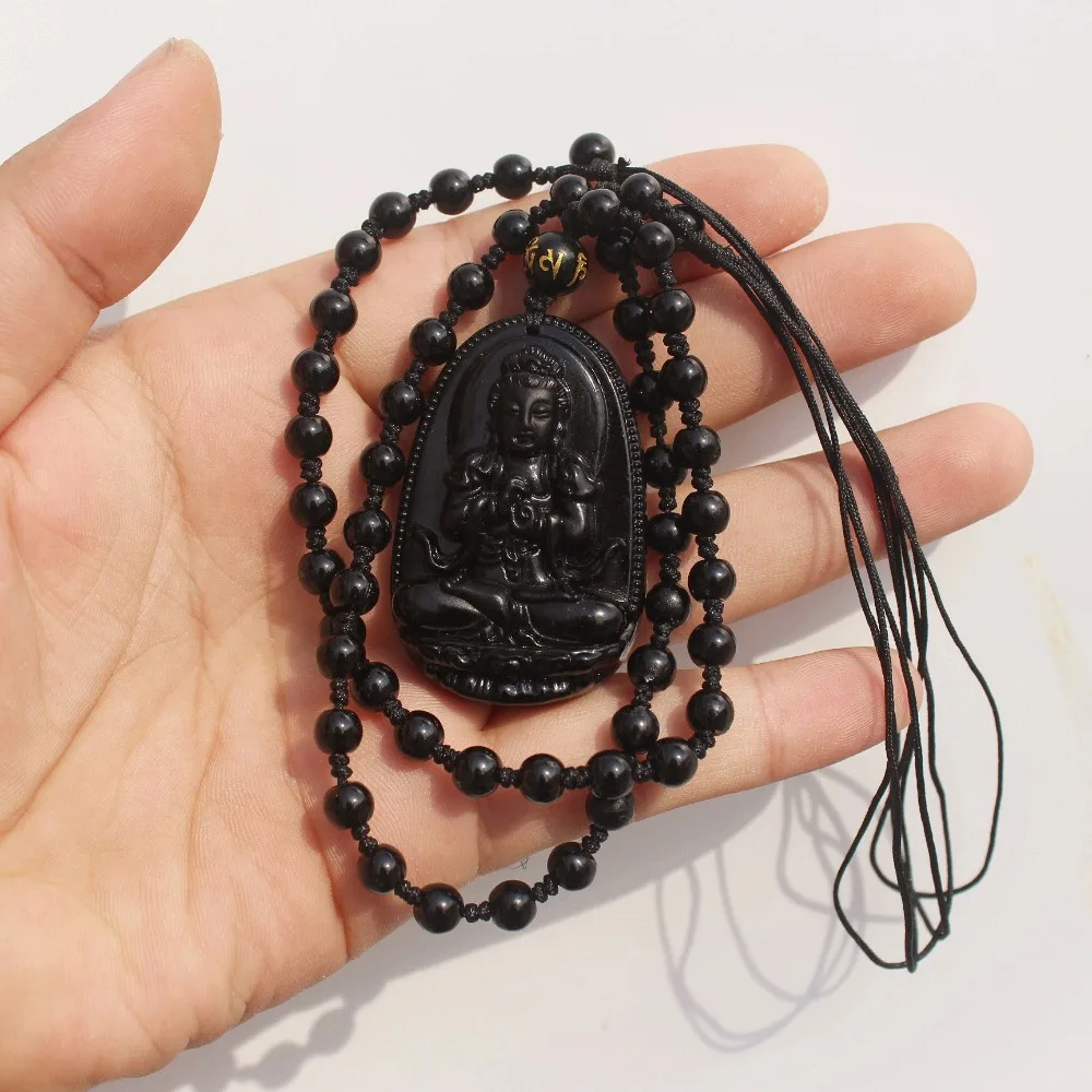 Высококачественный натуральный черный Обсидиан Резной талисман с Буддой кулон ожерелье для женщин и мужчин Подвески Ювелирные изделия 50*32 мм