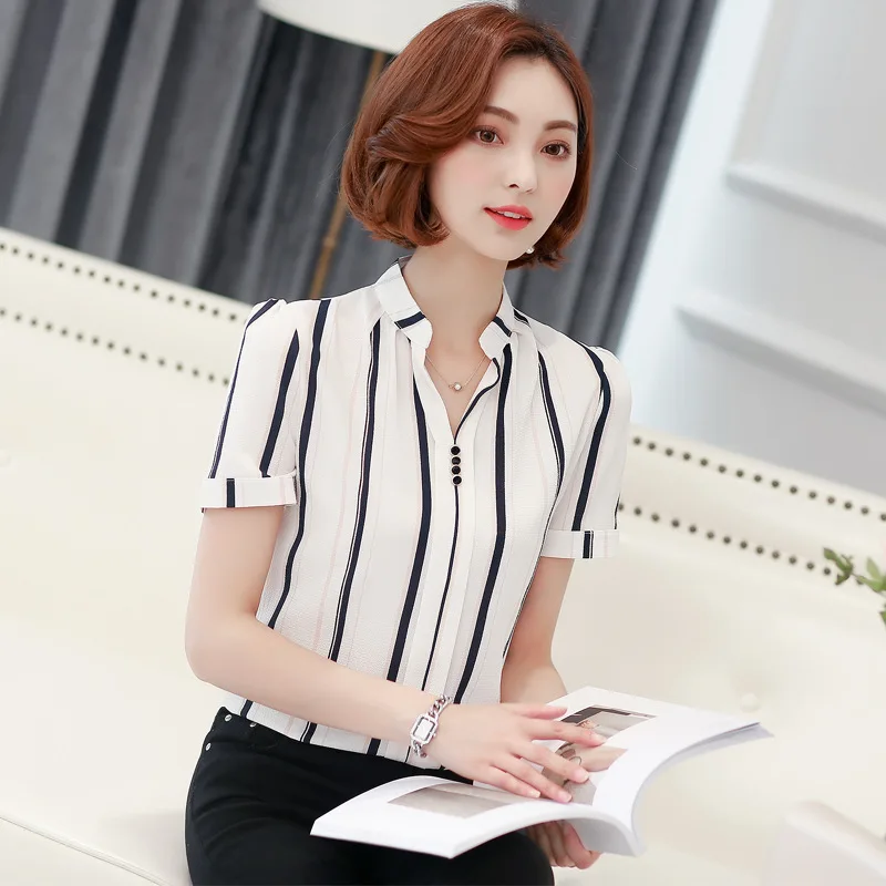 

OL Style Blouse Women Clothes Summer Polka Dot Printed Ladies Tops V Neck Striped Shirts Blusas Workwear Plus Size XXXL 2018