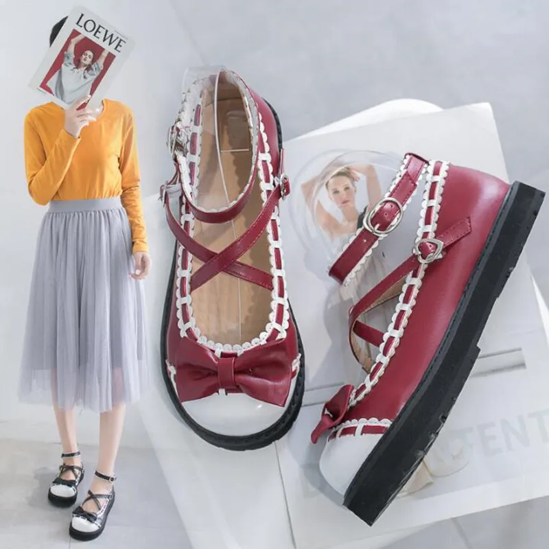 

Lolita Kawaii Girl Tea Party Shoes 2019 New Bowknot Princess Kawaii Girl Women Shoes Flat JK Uniform Lolita Shoes Lovely Loli Co
