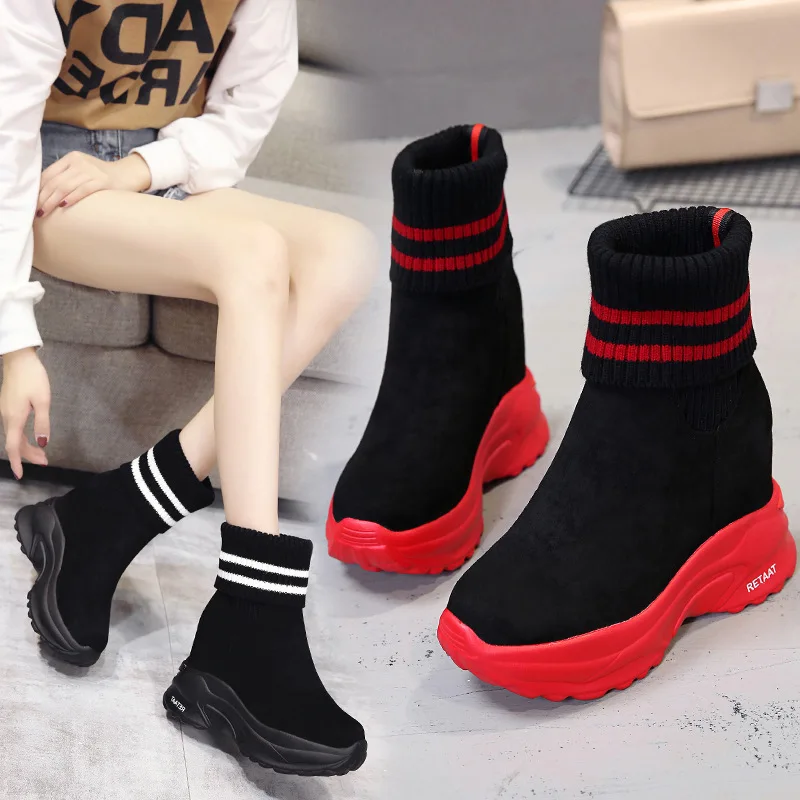 Alto Aumento Tacón Zapatillas Mujer Negro Deportivas Altura Mujeres Cuña Plataforma Casual Cm Otoño 10 Las Zapatos De Moda rojo 4379 Botas XZ7gnwqYn