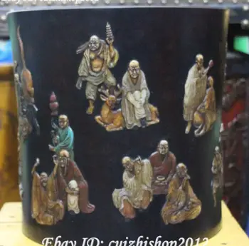 

Rosewood Inlay Shell Jade Shoushan Stone 18 Arhat Buddha Brush Pot pencil vase