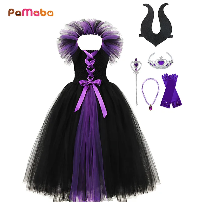 

PaMaBa Maleficent Evil Black Queen Tutu Dress for Children Kid Role Play Magic Tulle Costume Girls Halloween Cosplay Witch Gowns