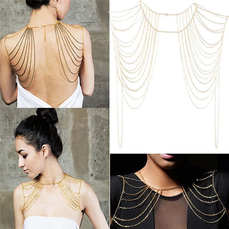 

Hot Sale! Gold,Silver Bohemian Punk Necklaces Collar Shoulder Chain Long Necklaces & Pendants Women Statement Body Jewelry