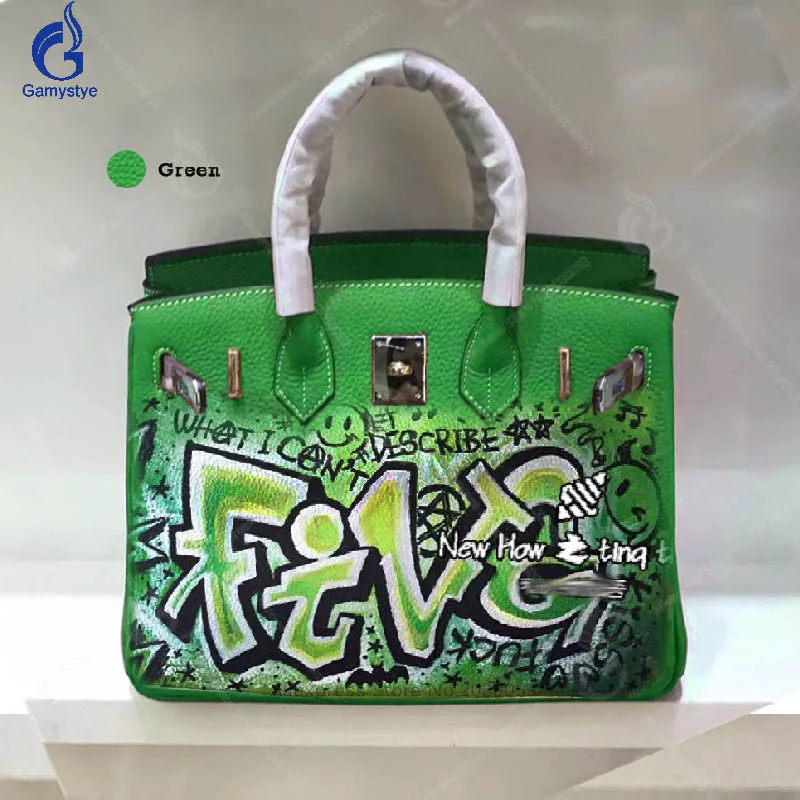 

Gamystye Top-Handle Bags Hand Painted Graffiti Green Letter Messenger Bag Women Cow Leather Gold Hardware Handbags Casual Tote Y