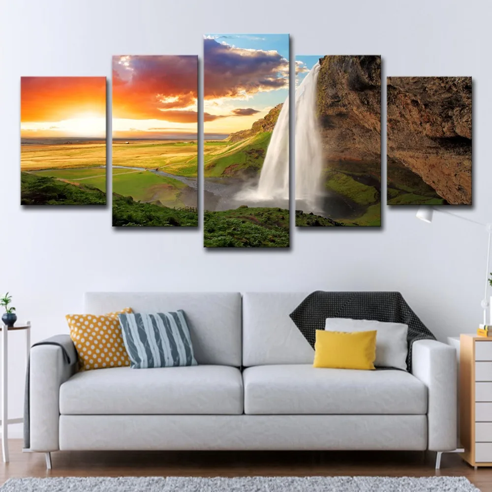 5P2257-HD Print 5 piece Painting Sunset waterFall Group Canvas Print room decor print poster picture canvas Free shipping (13) 