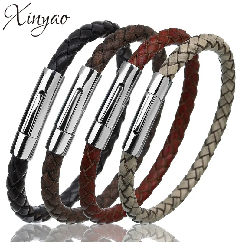 

XINYAO 2017 Fashion 100% Genuine Braided Leather Bracelets Stainless Steel Snap Clasp Male Bracelet Bangles For Mens Women F5575