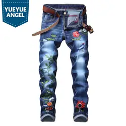 Модные джинсы с вышитыми цветами и птицами на молнии, мужские узкие джинсовые брюки высокого качества, Брендовые прямые брюки, большие