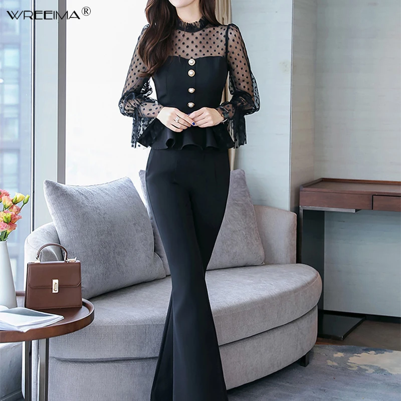 Wreeima 2019 Nieuwe lente Pakken Blouse shirt Twee stuk pak merken Slim O-hals Mesh Patchwork shirt strakke Flare Broek vrouwen sets Wreeima 2019 Nieuwe lente Pakken Blouse shirt Twee stuk pak merken Slim O-hals Mesh Patchwork shirt strakke Flare Broek vrouwen sets