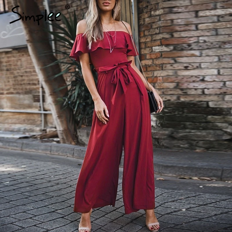 Simplee Elegant off shoulder women long jumpsuit Summer ruffles sashes chiffon black jumpsuit Sexy party wide leg female overall Simplee Elegant off shoulder women long jumpsuit Summer ruffles sashes chiffon black jumpsuit Sexy party wide leg female overall
