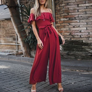 

Simplee Elegant off shoulder women long jumpsuit Summer ruffles sashes chiffon black jumpsuit Sexy party wide leg female overall