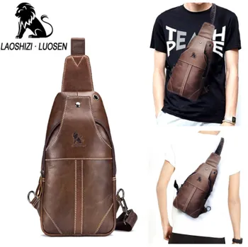 

LAOSHIZI LUOSEN Men Chest Pack Shoulder Bag Messenger Bag Genuine Leather Chest Bag Crossbody Small Male Travel Cowhide Handbag