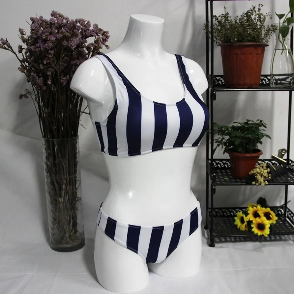 

2PCS White + Dark Blue Strip Swimwear Lady Women Split Swimsuit Vest Type Beach Swimsuit Printing Bathing Suit Free Ship