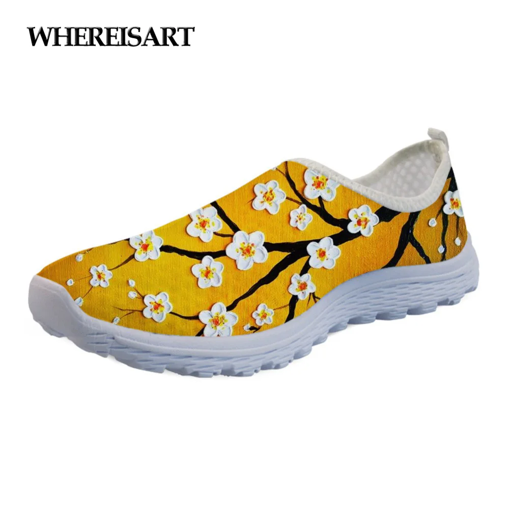 

WHEREISART 3D Cherry Blossoms Printing Flats Women Shoes Leisure Air Mesh Super Light Ladies Sneakers Slip-on Summer Shoes 2019