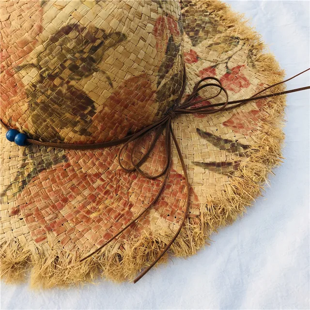 Leather Rope and Bead Womens Reversible Straw Sun Hat Printing Summer Rafi Straw Hat Floppy Foldable Beach Bohemian Straw Hats