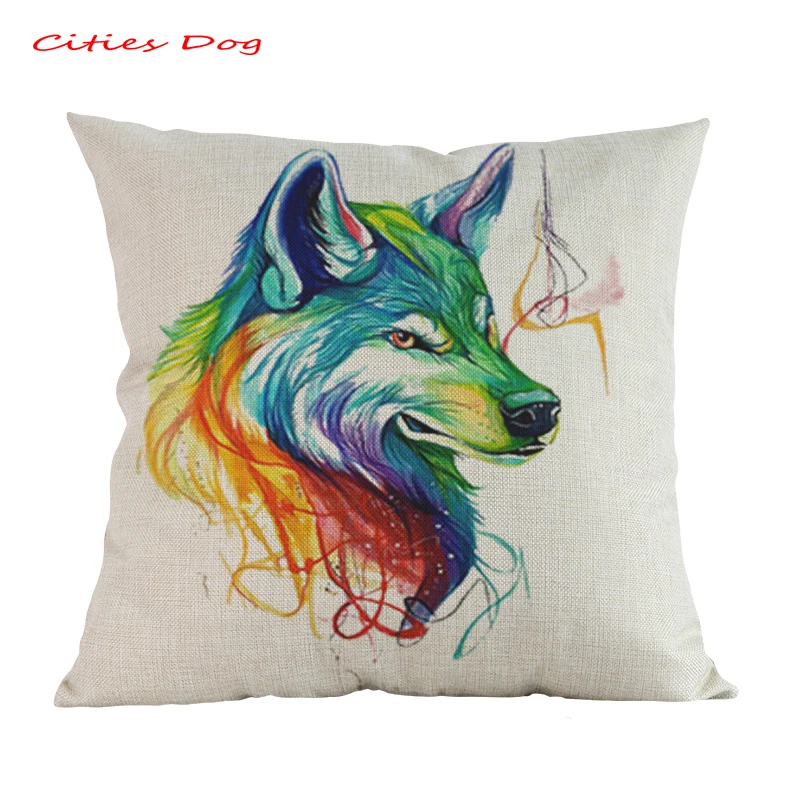 

Animal Colorful wolf head watercolor Color Painting pillow cushion cojines decorativos para kussenhoes Linen almofada pillowcase