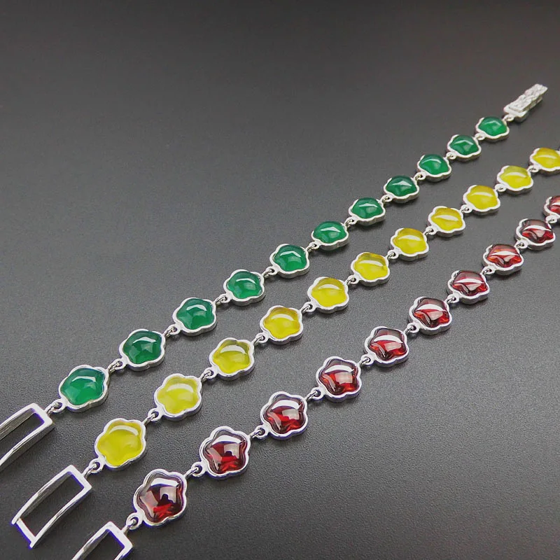 

S925 Sterling Silver Retro Thai Silver Garnet Natural Topaz Marrow Green Chalcedony Wholesale Flower Fashion Women Bracelet